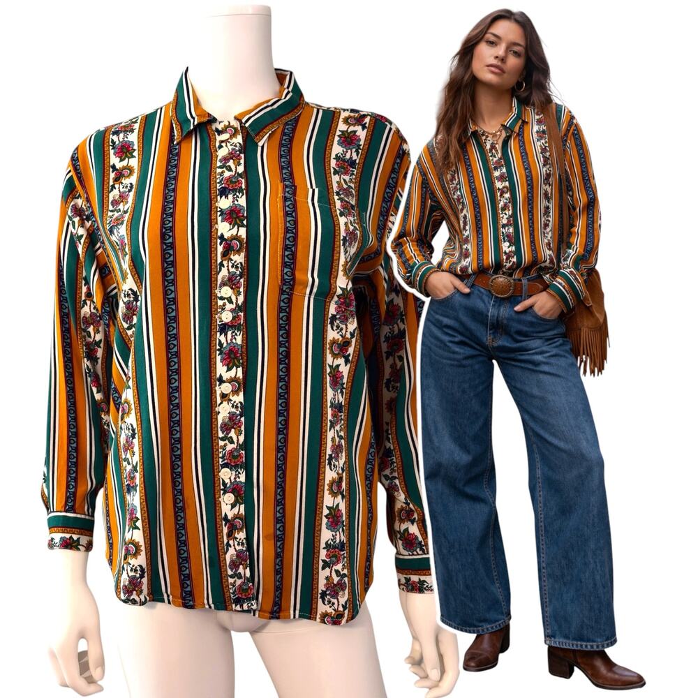Y2K Erika Floral Stripe Blouse Rayon Boho Long Sleeve Shirt Button Front Medium